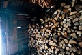 Shed full of firewood. beautiful scene of everyday rural life in winter. ecological energy concept Royalty Free Stock Photo