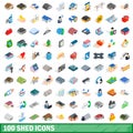 100 shed icons set, isometric 3d style