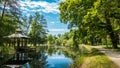 Shed, pond and trees tilting on a path in the park