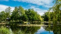 A shed standing on an island in the midst of a pond