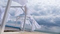 Sheds awning with fabric curtains on the seashore breeze in the wind Royalty Free Stock Photo