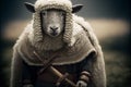 Sheep animal portrait dressed as a warrior fighter or combatant soldier concept. Ai generated