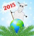 Sheep with a banner 2015 year and planet Earth Royalty Free Stock Photo