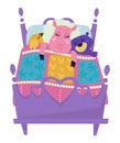 Sheep and bird with bear sleeping in bed vector