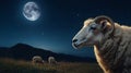 a sheep at blue night with moon Eid Al-Adha greeting scene. Royalty Free Stock Photo