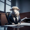 Sheep in business suit and tie sits at an office desk. Generative AI