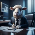 Sheep in business suit and tie sits at an office desk. Generative AI