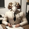 Sheep in business suit and tie sits at an office desk. Generative AI