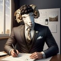 Sheep in business suit and tie sits at an office desk. Generative AI