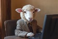 Sheep businessman working on computer in office wearing suit and tie Royalty Free Stock Photo