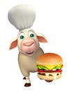 Sheep cartoon character with chef hat and burger Royalty Free Stock Photo