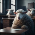 Sheep in a classroom. Generative AI Royalty Free Stock Photo