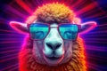 A sheep, Colorful of neon lights funny sheep wearing sunglasses. Generative AI