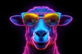 A sheep, Colorful of neon lights funny sheep wearing sunglasses. Generative AI