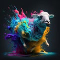 a sheep is covered in colorful paint and sprays of paint on its body and body, as if it were a painting or a painting Royalty Free Stock Photo