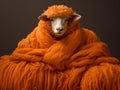 Sheep covered with oversized orange knitted wool scarf, autumn winter collection, AI generated illustration