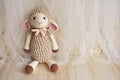 Sheep Crochet Animal Toy For Kids Lamb Crocheting Handmade Crochet Knitting Background Pastel Pink Color Theme Vintage Decoration
