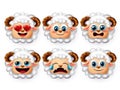 Sheep emoji vector set. Lamb or sheeps face emoticon with cute emotions like inlove and shy isolated. Royalty Free Stock Photo