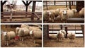 Sheep farm multiscreen. Sheep on a farm in an enclosure. Feeding Sheep on the farm. Lots of sheep on the farm. Farm