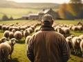 Sheep farmer on dairy farm following herd to the pasture land, generative ai