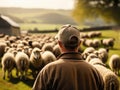 Sheep farmer on dairy farm following herd to the pasture land, generative ai