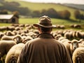 Sheep farmer on dairy farm following herd to the pasture land, generative ai