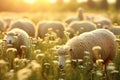 sheep in a field with flowers. cow on a sunny summer day in a field. Farm animal Royalty Free Stock Photo