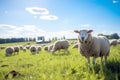 sheep in a field with flowers. cow on a sunny summer day in a field. Farm animal Royalty Free Stock Photo