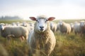 Single sheep with flock on meadow in background