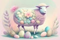 a sheep with a flower crown stands in front of Easter eggs