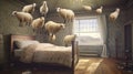 Sheep flying through a bedroom, counting sheep