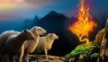 Sheep gather around burning bush on top of a mountain Royalty Free Stock Photo