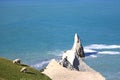 Sheep gazing , lamb gazing in a cliff besides blue ocean Royalty Free Stock Photo