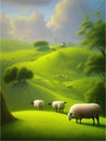 Sheep graze on green meadow. Count sheep. Farm animal landscape counting