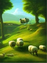 Sheep graze on green meadow. Count sheep. Farm animal landscape counting