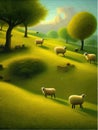 Sheep graze on green meadow. Count sheep. Farm animal landscape counting