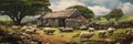 Sheep graze near the sheepfold