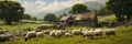 Sheep graze near the sheepfold