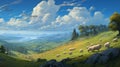Sheep Grazing In Cloudpunk Style: A Romanticized Depiction Of Wilderness Royalty Free Stock Photo