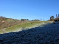 frosty green landscape under a blue sky with sheep on the horizon Royalty Free Stock Photo