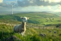 Sheep grazing in grassy field with wind turbine against sky Royalty Free Stock Photo