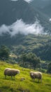 Sheep grazing in misty mountain landscape with natural background Royalty Free Stock Photo