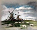 Sheep grazing near the mill. Beautiful clouds in the sky. Rustic Dutch landscape. Netherlands village. Milk or sheep farm. Hand Royalty Free Stock Photo