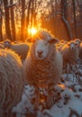 Sheep grazing in the snow at sunset Royalty Free Stock Photo