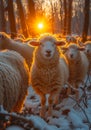 Sheep grazing in the snow at sunset Royalty Free Stock Photo