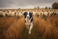 sheep herded by a border collie in an open field Royalty Free Stock Photo
