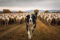 sheep herded by a border collie in an open field Royalty Free Stock Photo