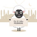 Sheep holding greeting card. Islamic festival of sacrifice, eid al adha celebration greeting