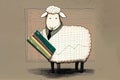 sheep holding stack of books.