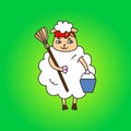 A sheep housewife with a bucket and a mop.